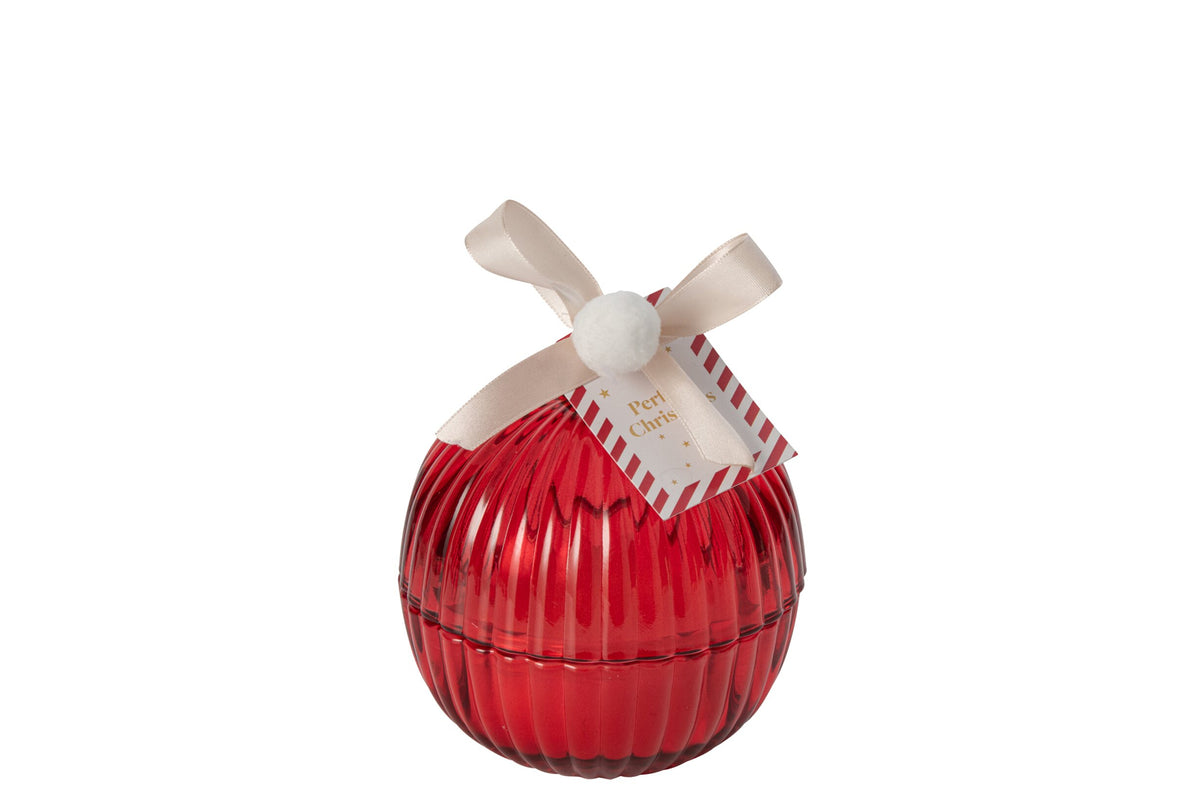 Kaars in kerstbal middel – glas en paraffine, kerstrood en zilver, Ø11 cm