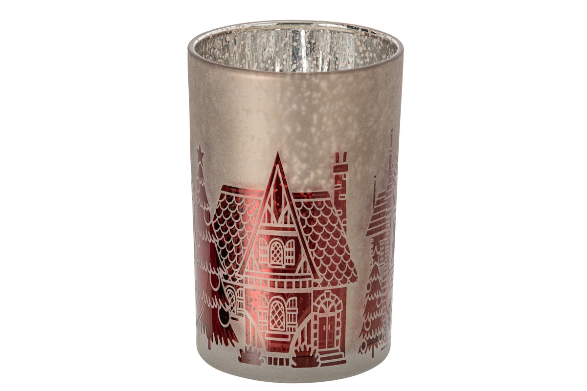 Theelichthouder glas groot – kerstrood en grijs, Ø12 x 18 cm