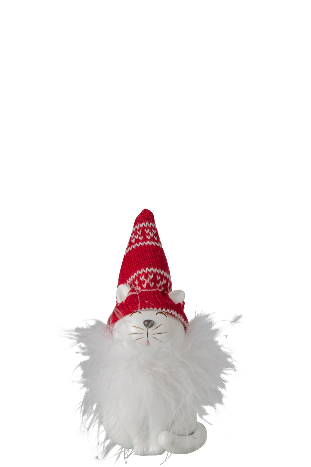 Kat met muts klein – polyresin, wit en kerstrood, 7×6×13 cm