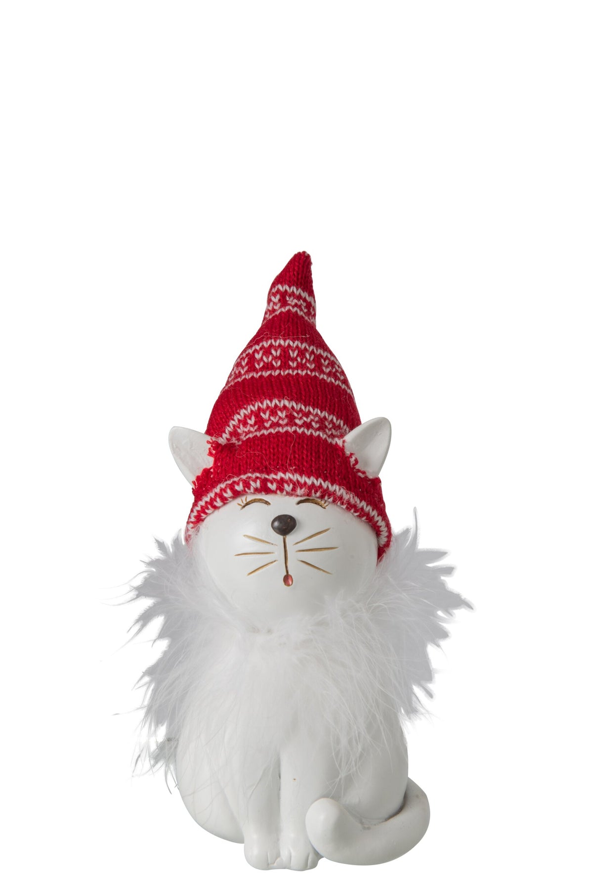 Kat met muts middel – polyresin, wit en kerstrood, 9×9×19 cm