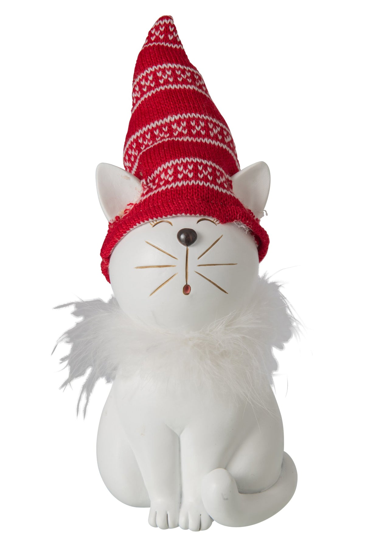 Kat met muts groot – polyresin, wit en kerstrood, 12×12×27 cm