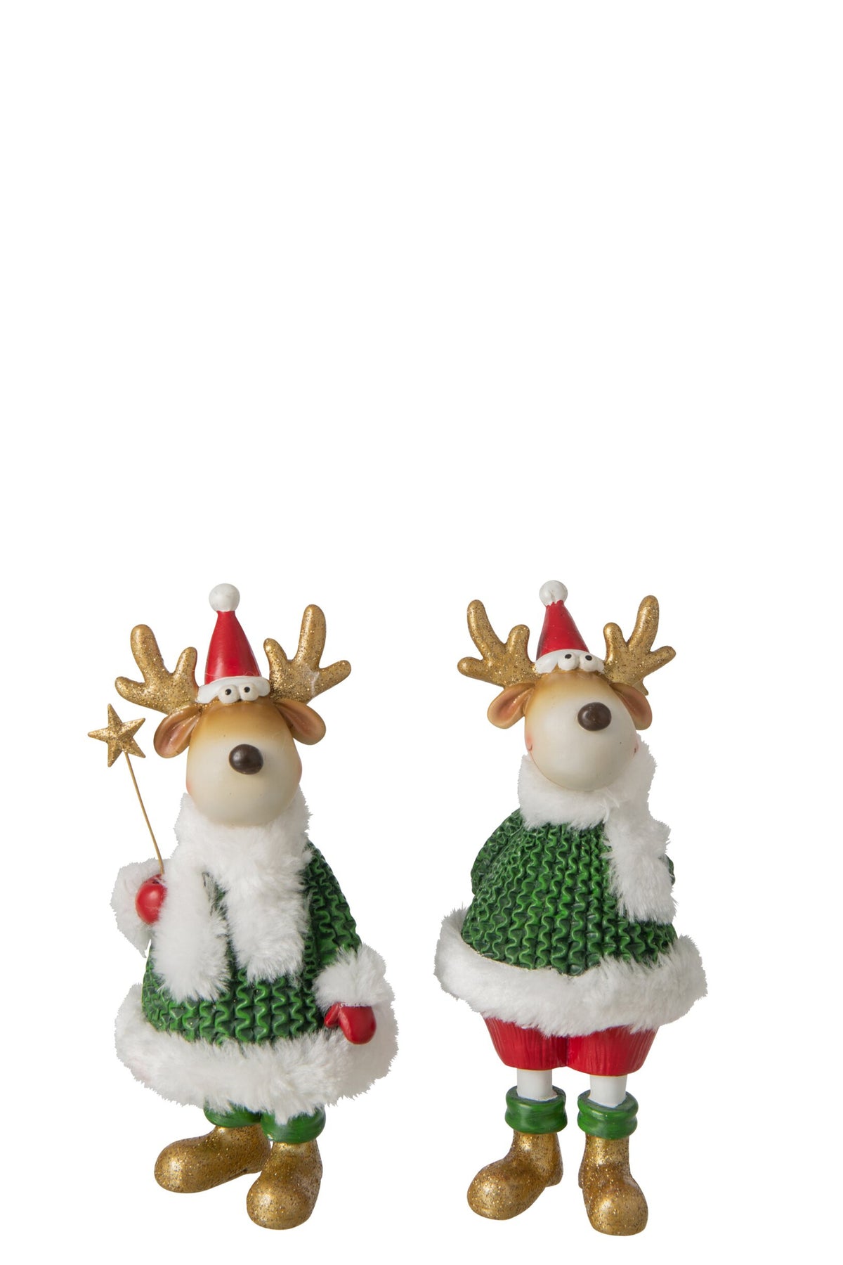 Rendier in winterkleding klein – set van 2, polyresin, donkergroen en kerstrood, 20 cm