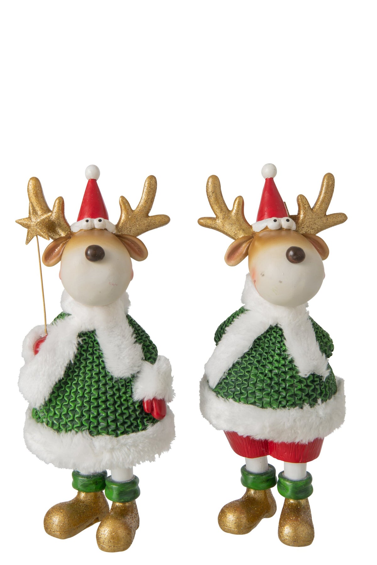 Rendier in winterkleding groot – set van 2, polyresin, donkergroen en kerstrood, 27 cm