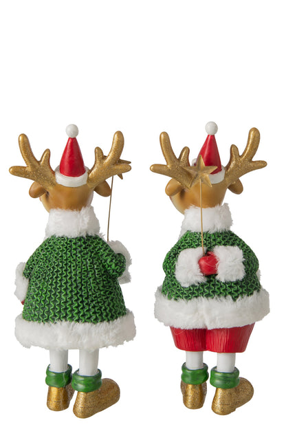 Rendier in winterkleding groot – set van 2, polyresin, donkergroen en kerstrood, 27 cm