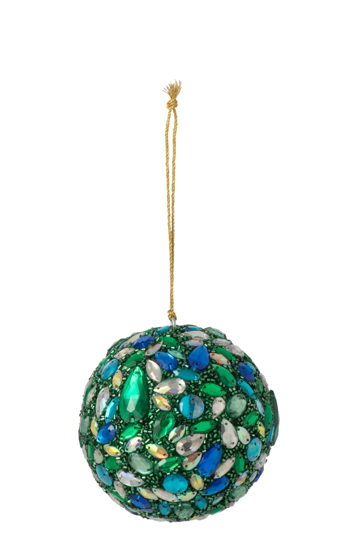 Kerstbal met kralen – kunststof, blauw en groen, Ø10 cm