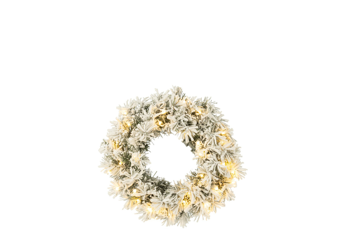 Kerstkrans met LED klein – kunststof, besneeuwd groen, 44 cm