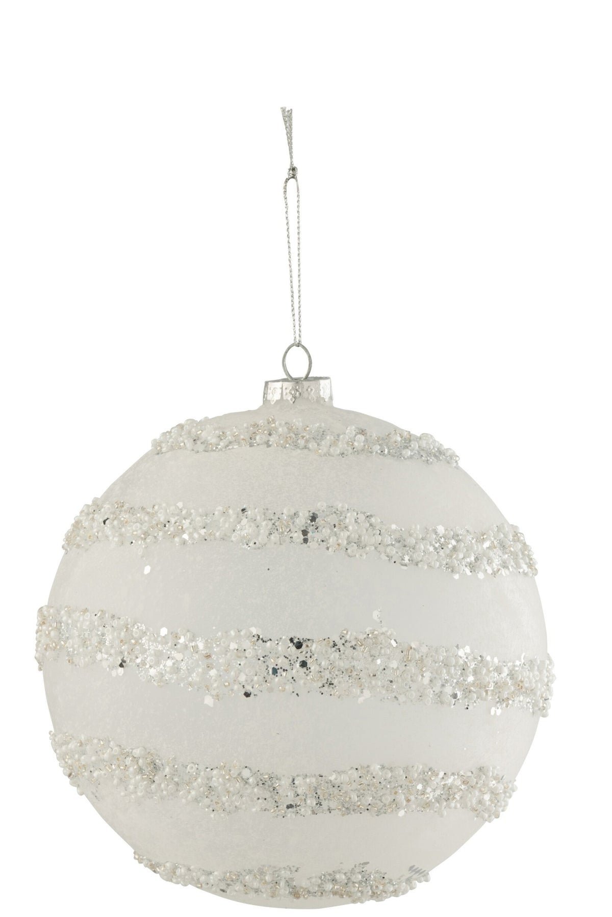 Kerstbal lijnen glitter en parels extra groot – glas, mat wit, Ø15 cm