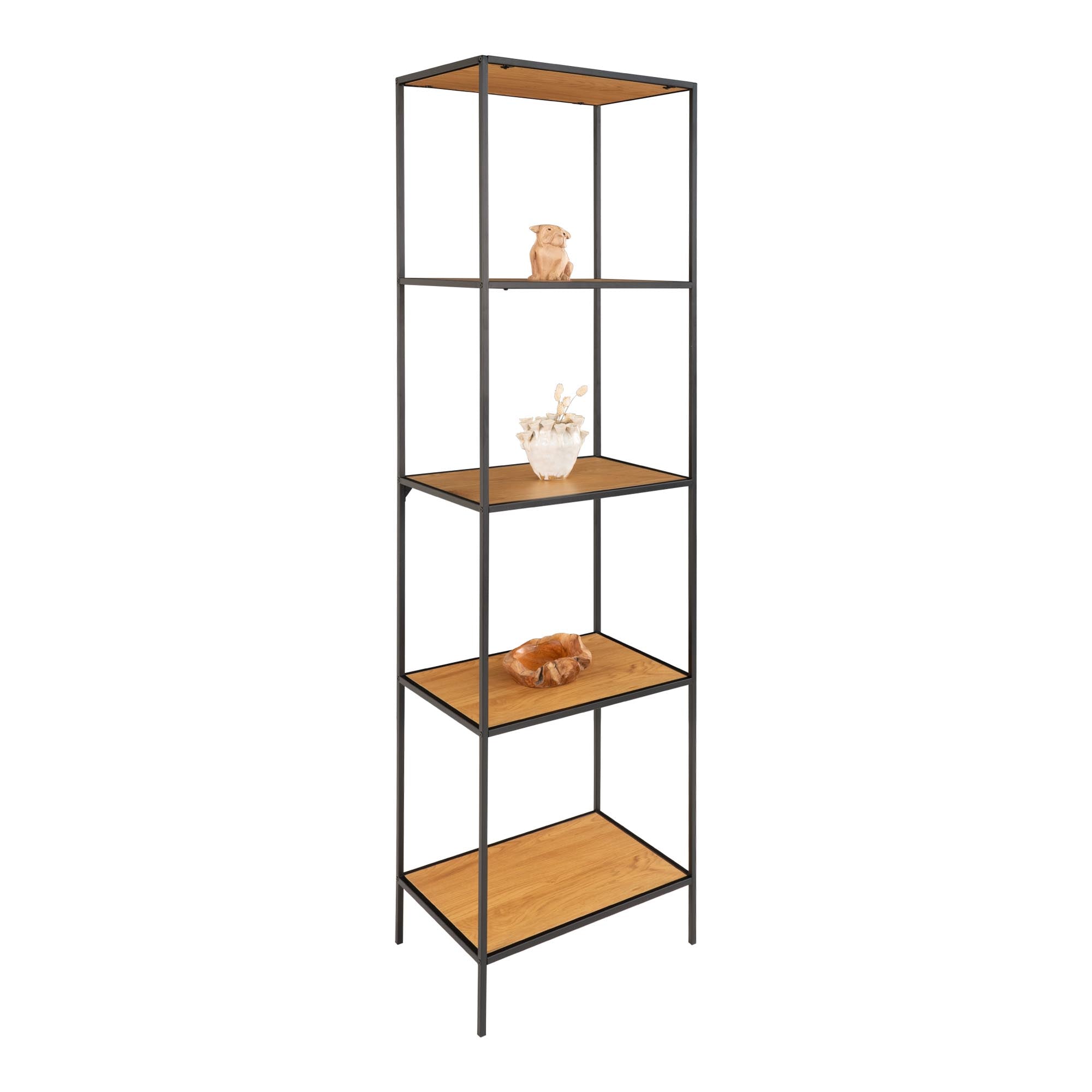 Vita kast met 5 planken in eiken look met zwart frame