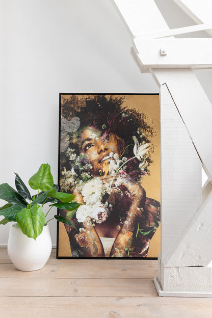 Frame Woman Flowers Canvas/Wood Mix