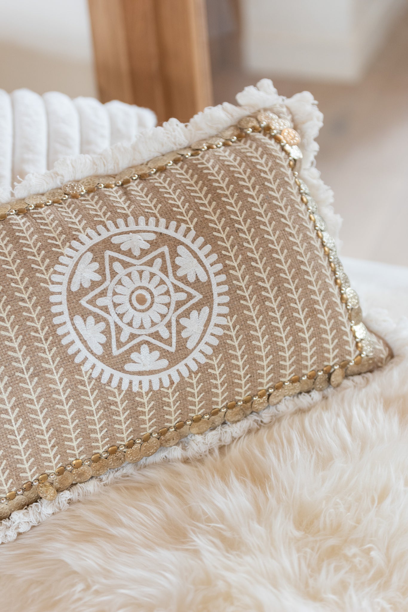 Kissen, rechteckiges Muster mit Münzen, Jute, Natur/Beige