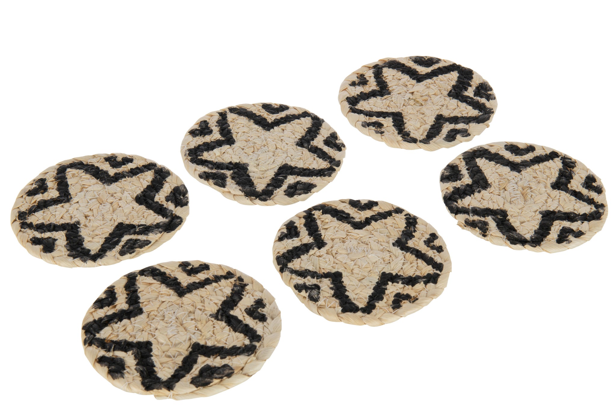Set Of 6 Coasters Round Star Cornhusk Natural/Black