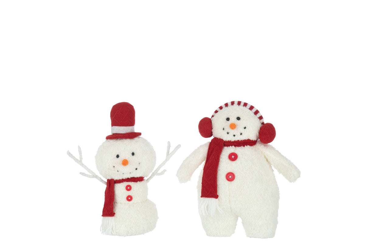 Sneeuwpop met sjaal klein – set van 2, polyester, wit en rood, 32 cm
