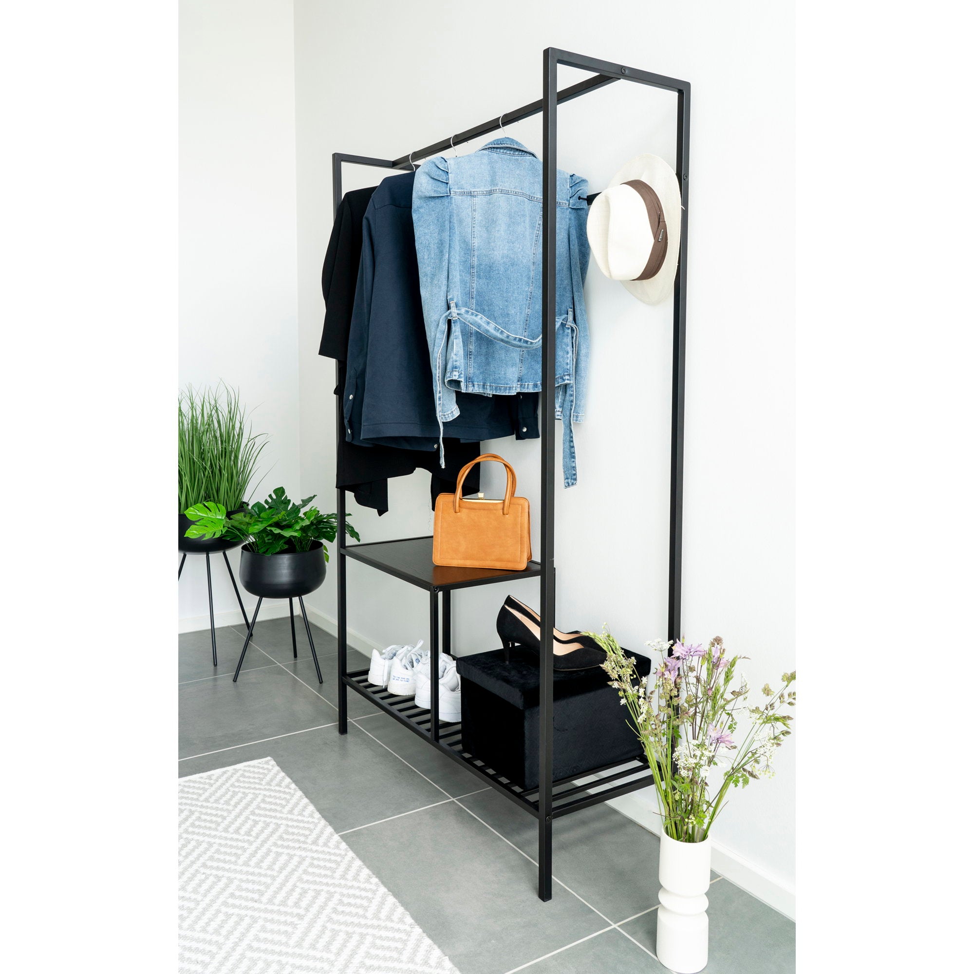 Vita Wardrobe - Wardrobe, 2 shelves, black, black frame 101x38x170 cm