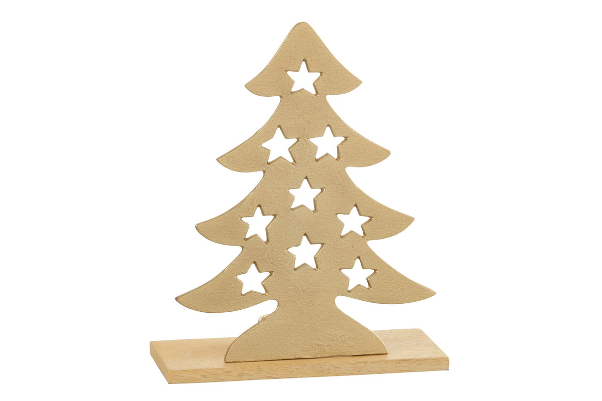 Theelichthouder kerstboom groot – aluminium en mangohout, naturel en goud, 21 x 9 x 25,5 cm