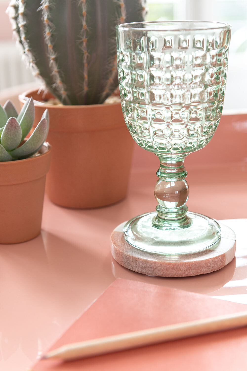 Stemmed Glass Embossed Design Glass Green Large