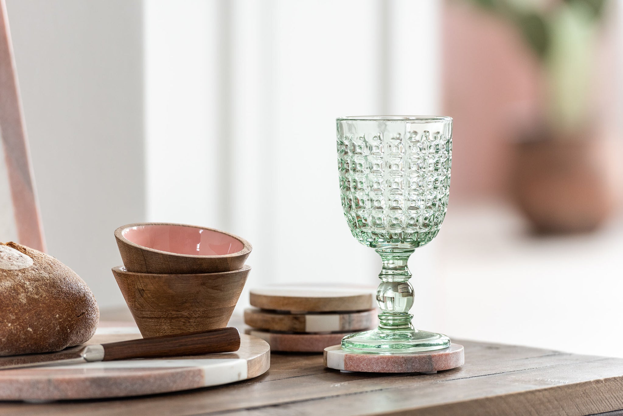 Stemmed Glass Embossed Design Glass Green Large