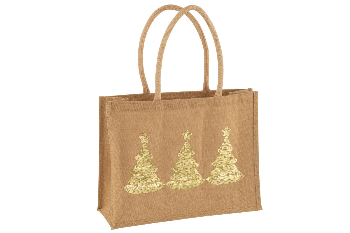 Jute tas met 3 kerstbomen en pailletten – jute en katoen, naturel en goud, 43 x 16 x 33 cm