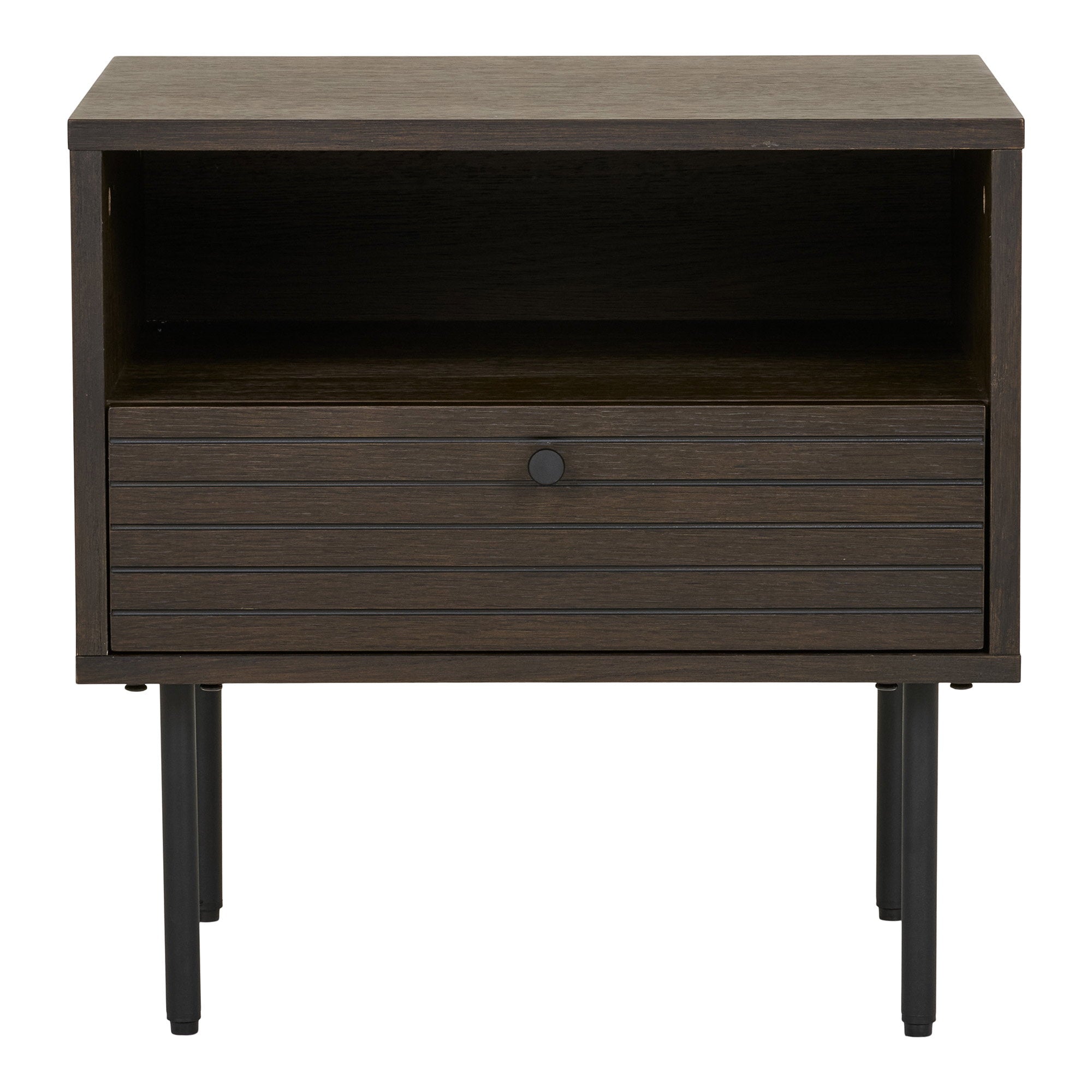 Kyoto Side Table - Side table, 1 drawer, oak veneer, smoked, black metal legs 50x40x50 cm