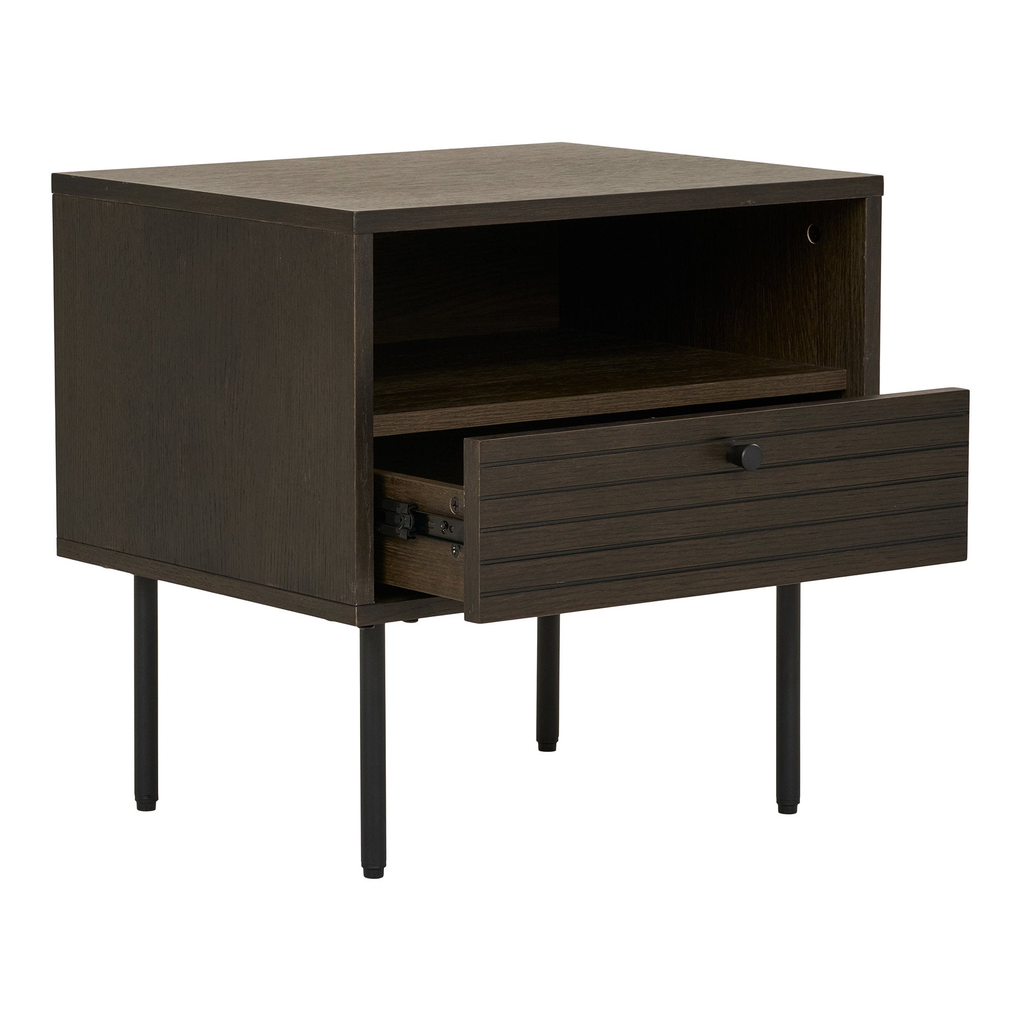 Kyoto Side Table - Side table, 1 drawer, oak veneer, smoked, black metal legs 50x40x50 cm