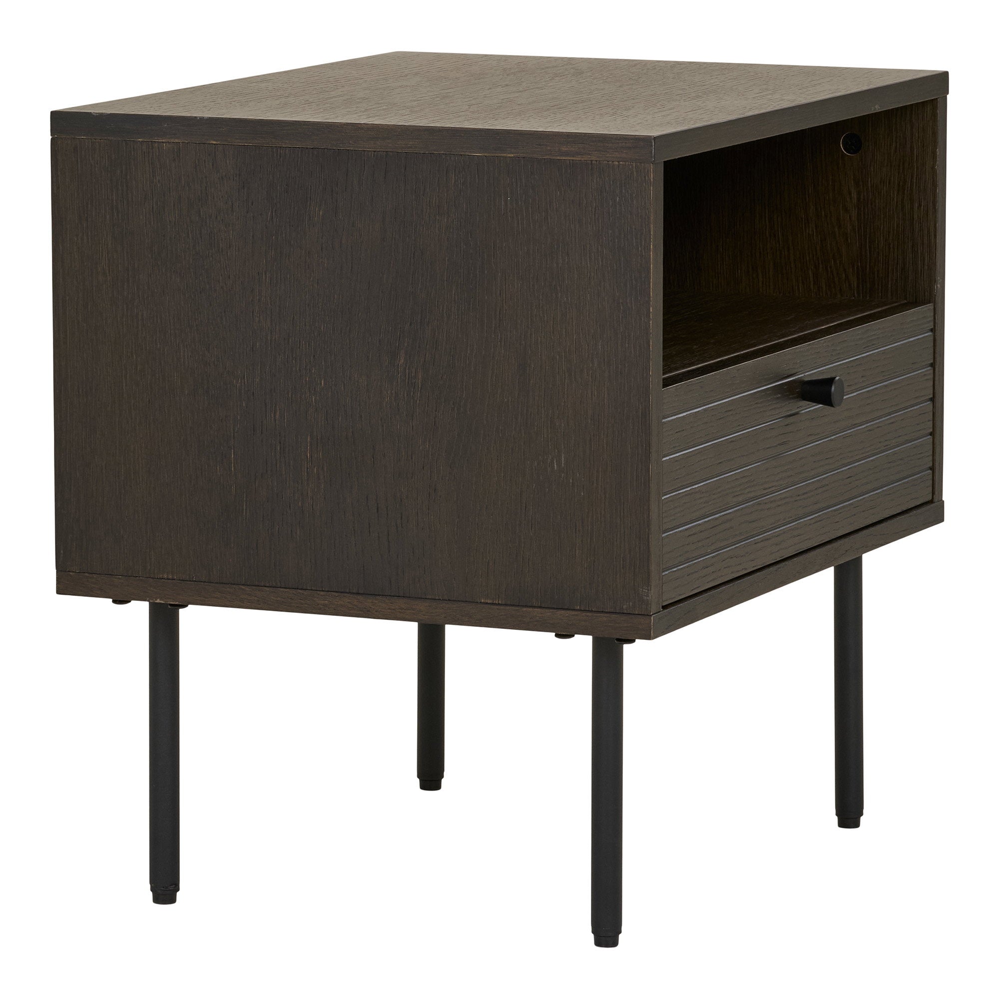 Kyoto Side Table - Side table, 1 drawer, oak veneer, smoked, black metal legs 50x40x50 cm