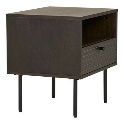 Kyoto Side Table - Side table, 1 drawer, oak veneer, smoked, black metal legs 50x40x50 cm