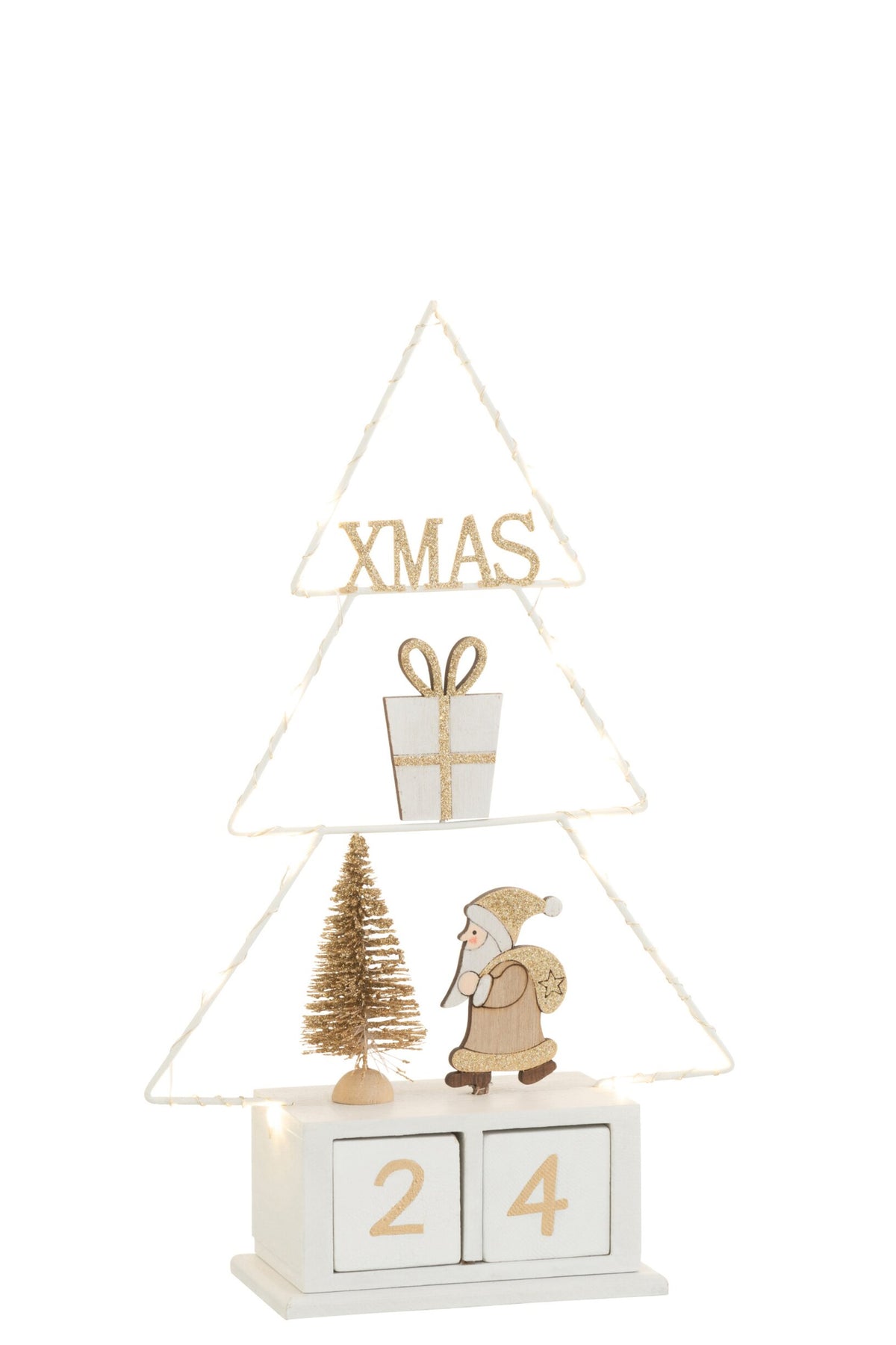 Adventskalender kerstboom met LED – eucalyptushout, wit en goud, 30 cm