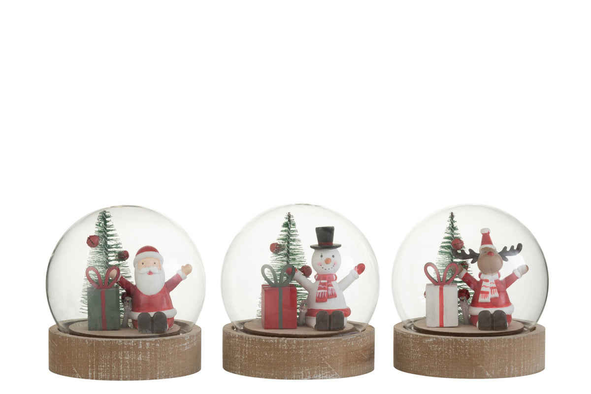 Stolp met LED kerstman, rendier en sneeuwpop – set van 3, eucalyptushout en glas, meerkleurig, 10 cm