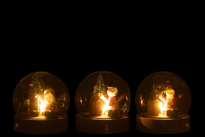 Stolp met LED kerstman, rendier en sneeuwpop – set van 3, eucalyptushout en glas, meerkleurig, 10 cm