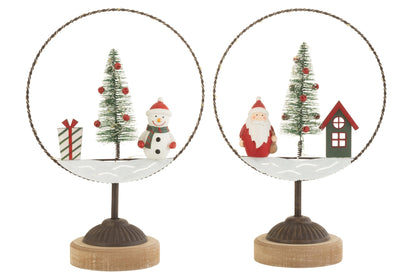 Cirkel op voet met LED kerstman en sneeuwpop – set van 2, eucalyptushout en ijzer, meerkleurig, 30 cm