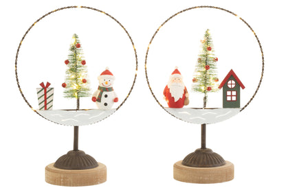 Cirkel op voet met LED kerstman en sneeuwpop – set van 2, eucalyptushout en ijzer, meerkleurig, 30 cm