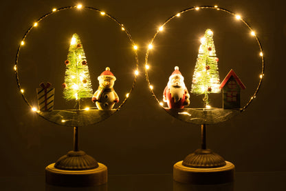Cirkel op voet met LED kerstman en sneeuwpop – set van 2, eucalyptushout en ijzer, meerkleurig, 30 cm