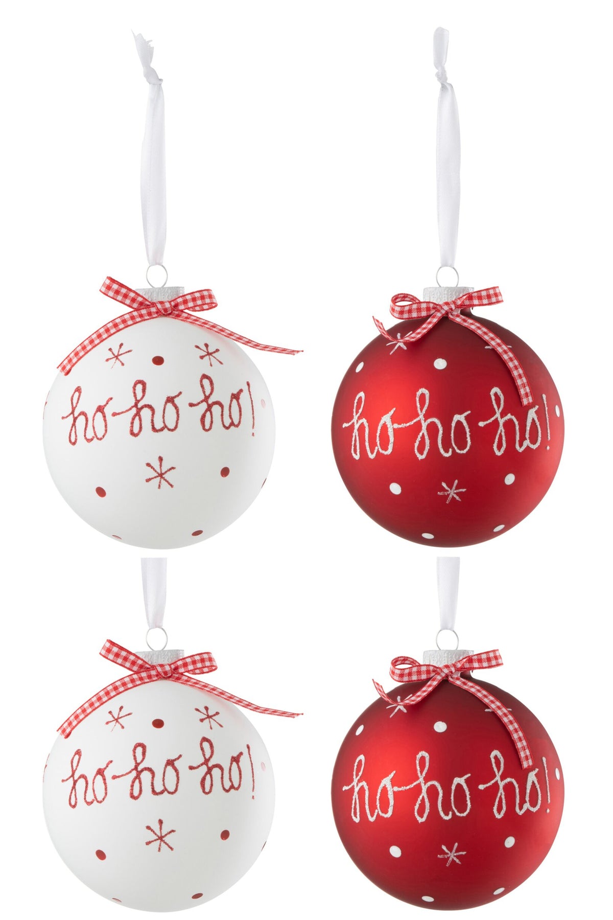 Kerstballen Hoho en sneeuwvlokken doos van 4 – glas, rood en wit, Ø10 cm