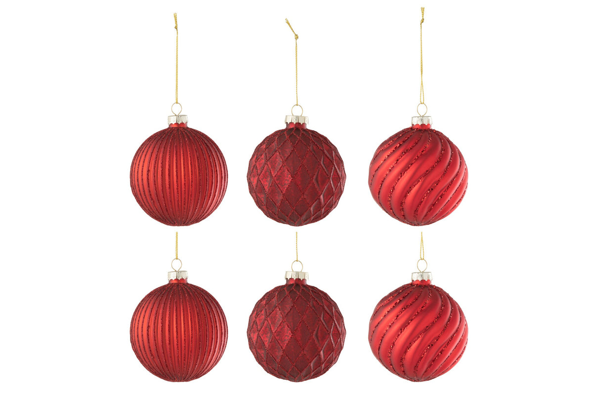 Kerstballen doos van 6 geribd en ruit – glas, rood, Ø8 cm