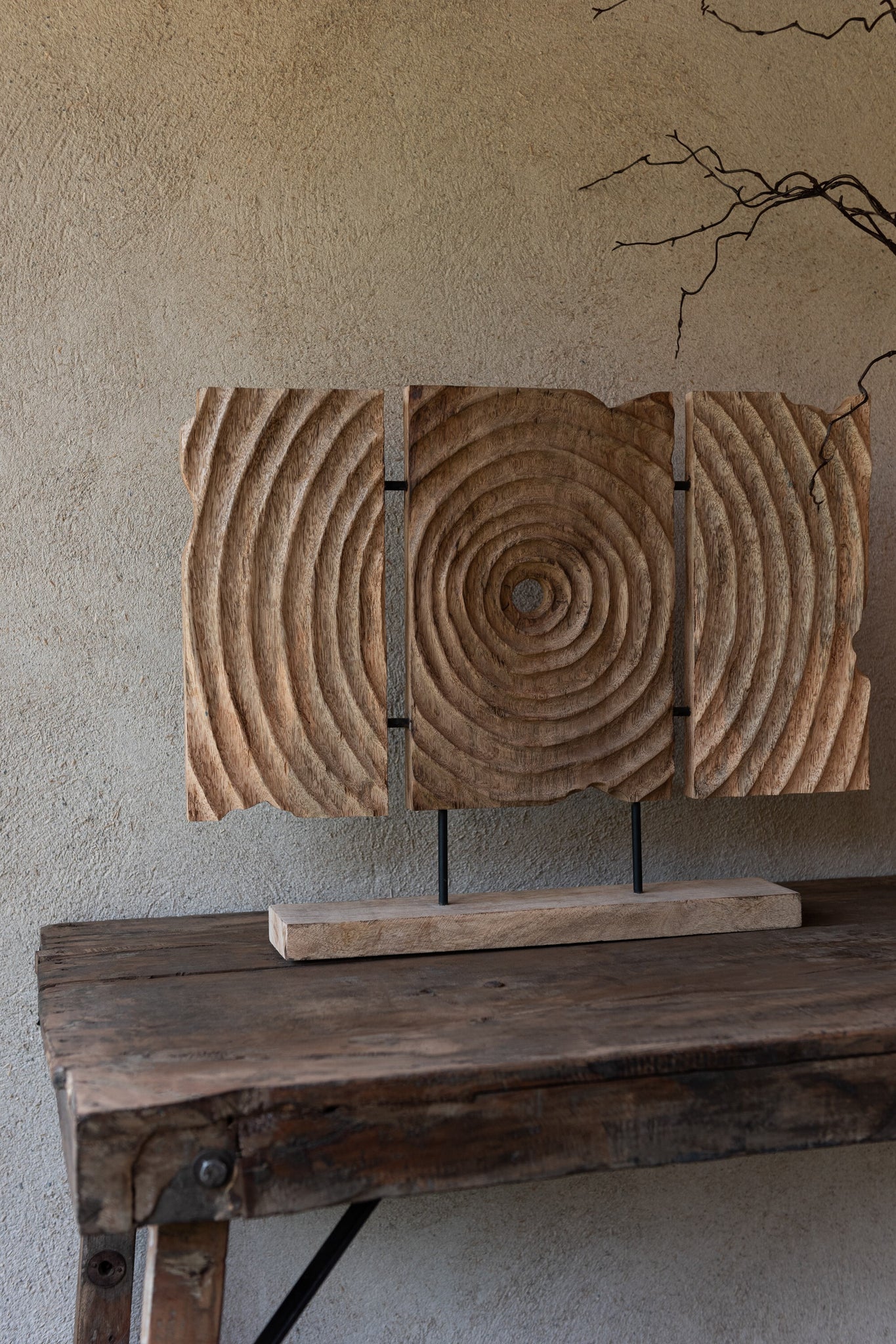Triptych Carved On Stand Mango Wood Natural