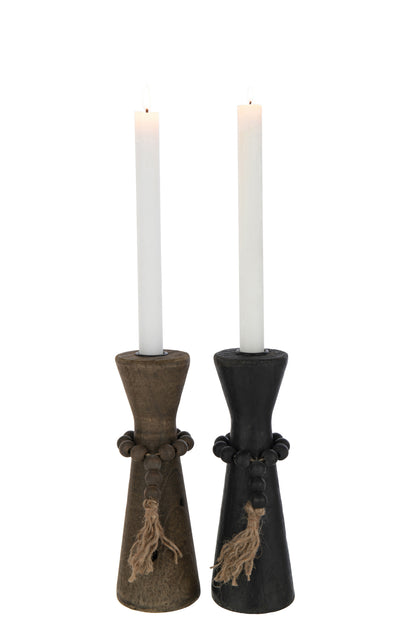 Candle Holder Nut Pinewood/Iron Black/Brown Assortment Of 2