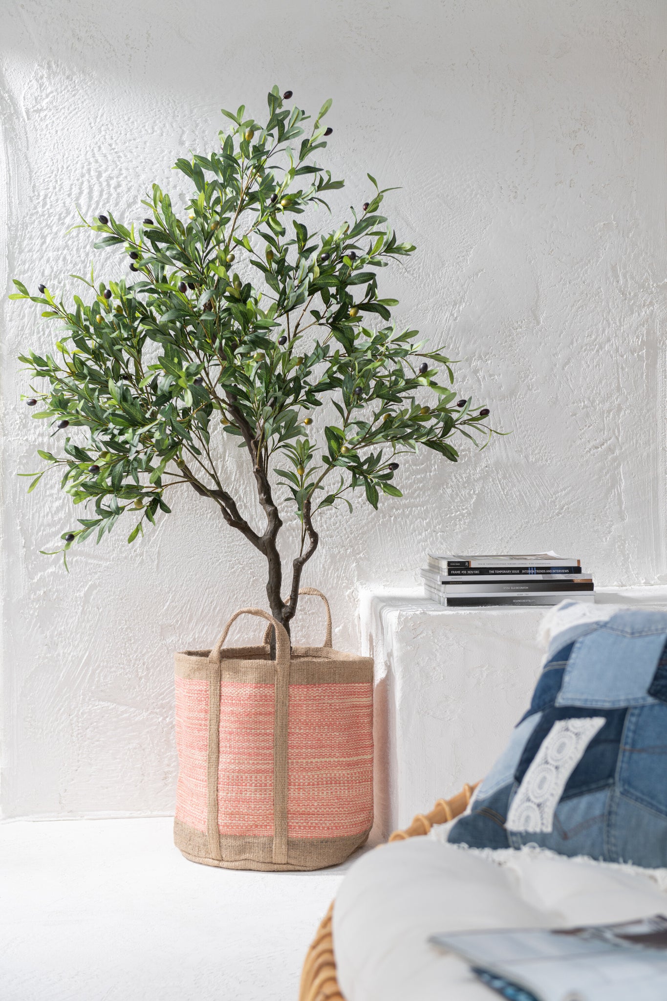 Basket Round With Handles Jute Natural/Pink