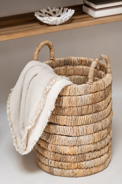 Plaid Fringes Cotton Muslin Light Beige