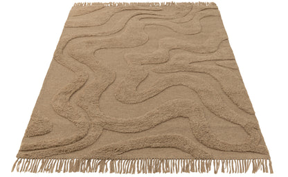 Rug Tufted Curves/Fringes Wool Beige