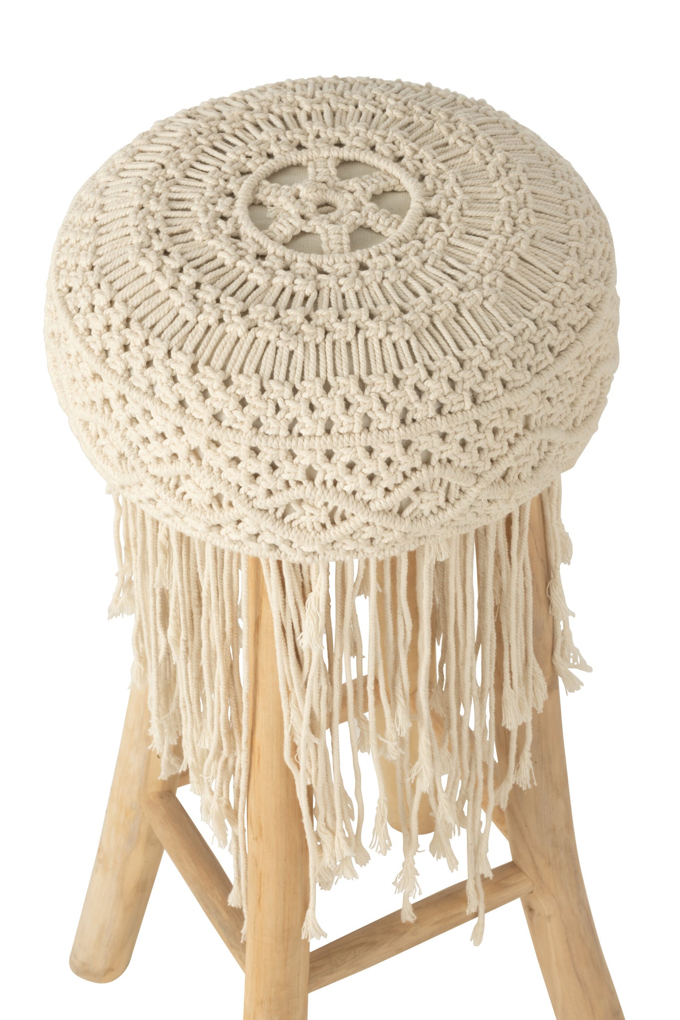 Stool Fringes Wood/Macrame White