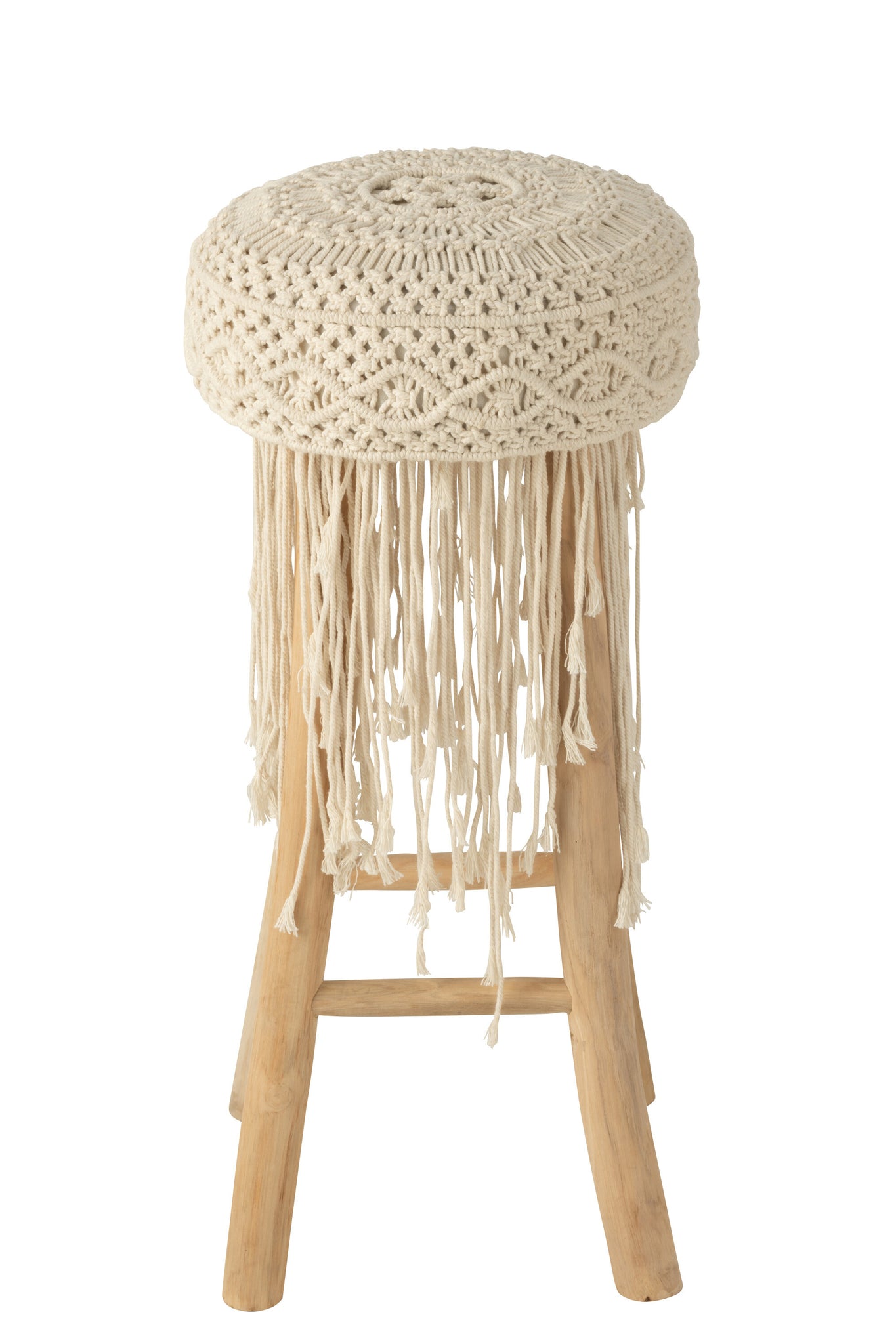 Stool Fringes Wood/Macrame White