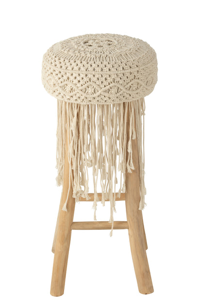 Stool Fringes Wood/Macrame White
