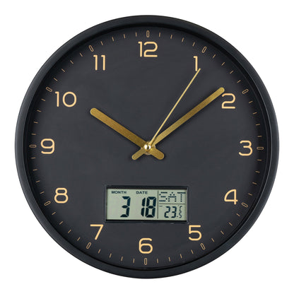 Amiens Wall - Wanduhr mit Digitalanzeige, schwarz, geräuschloses Uhrwerk, ø25 cm