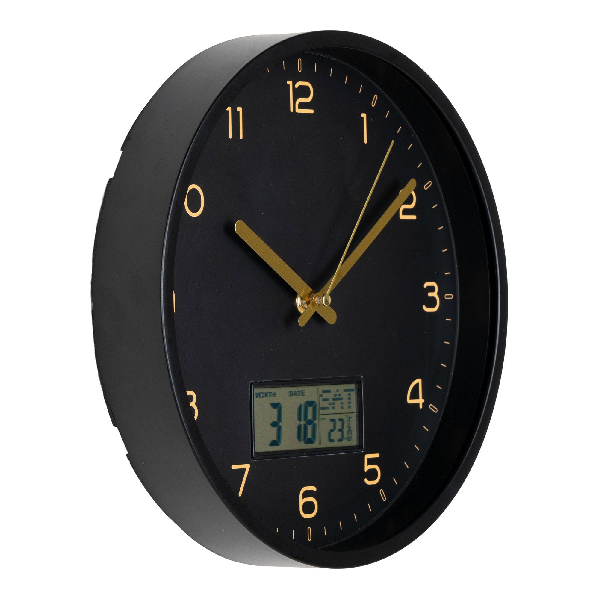 Amiens Wall - Wanduhr mit Digitalanzeige, schwarz, geräuschloses Uhrwerk, ø25 cm