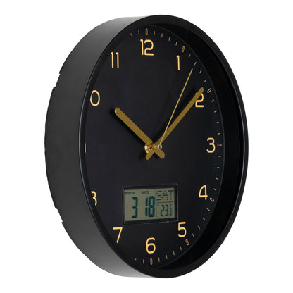 Amiens Wall - Wanduhr mit Digitalanzeige, schwarz, geräuschloses Uhrwerk, ø25 cm