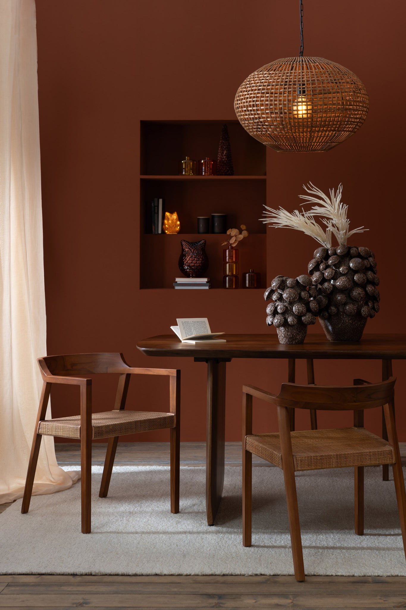 Dining Chair Square Open Webbing Teak Wood Brown