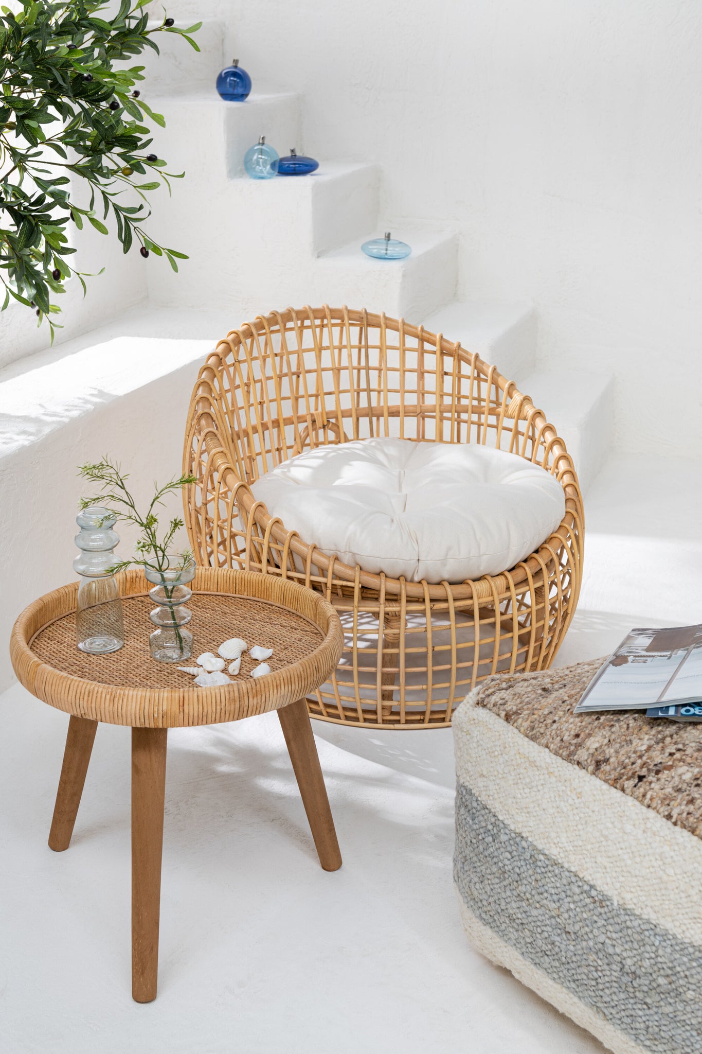 Chair Lise+Cushion 1 Person Rattan/Textile Natural/White