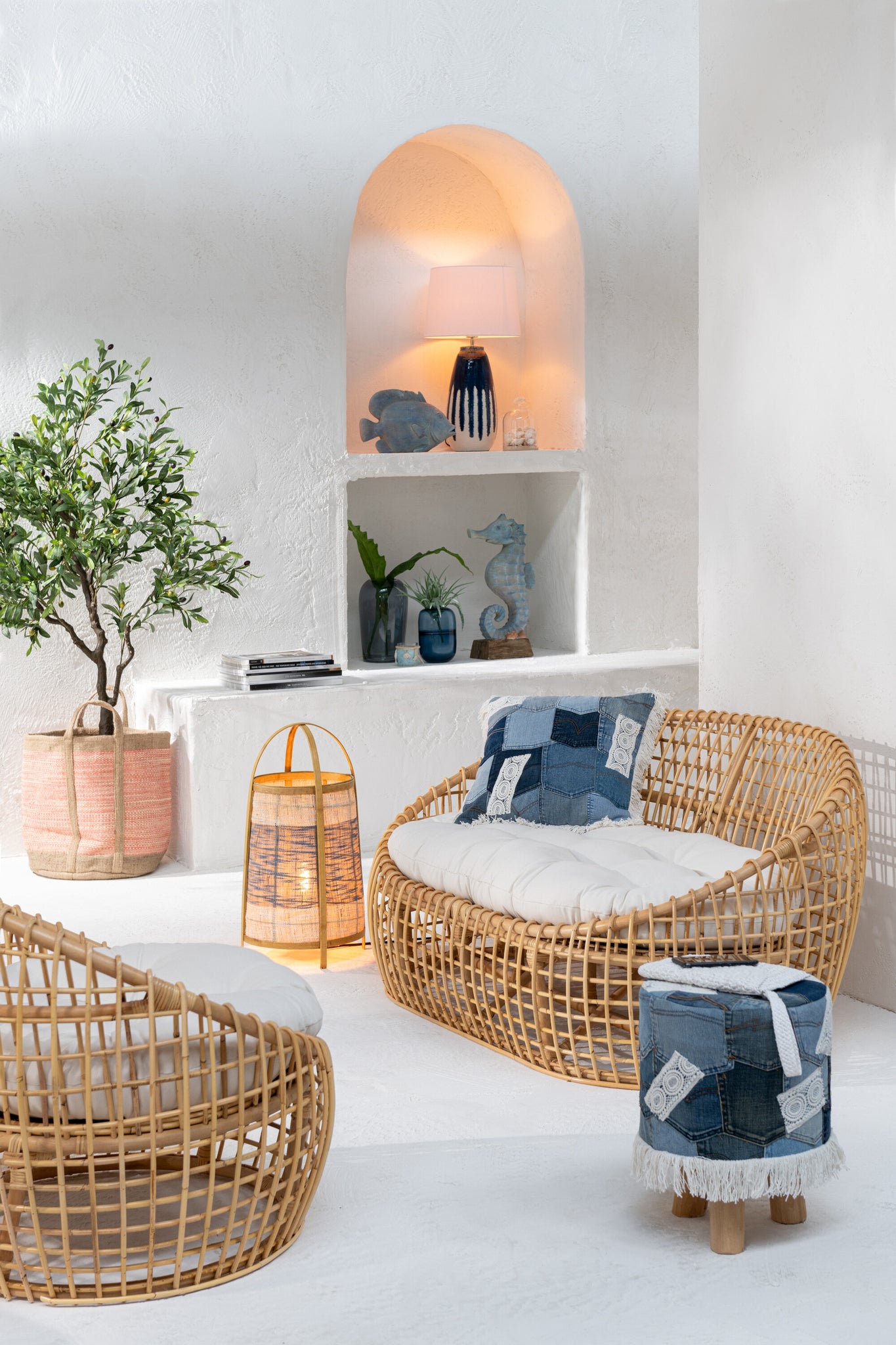 Chair Lise+Cushion 1 Person Rattan/Textile Natural/White