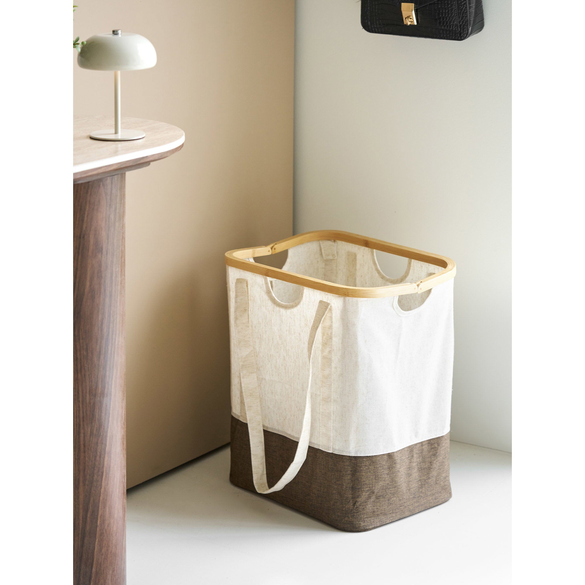 Wäschesack Noto – Wäschesack, Bambus/Textil, off-white/braun, 40x30x45 cm