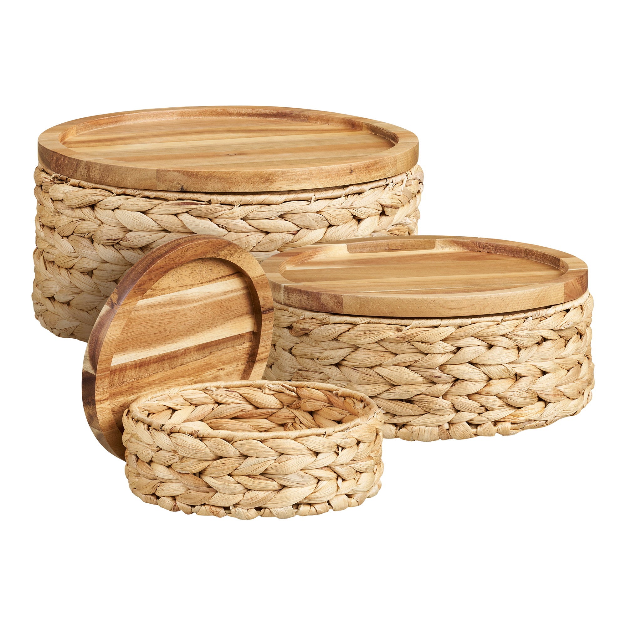 Botofte Baskets - Körbe mit Holzdeckel, Wasserhyazinthe, Natur 3er Set