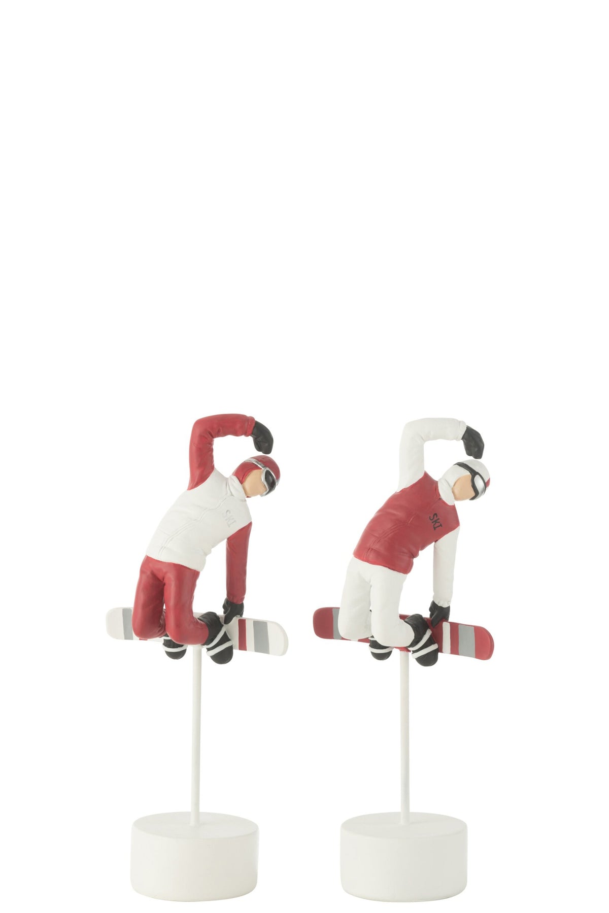 Snowboarder op standaard – set van 2, polyresin, rood en wit, 28 cm